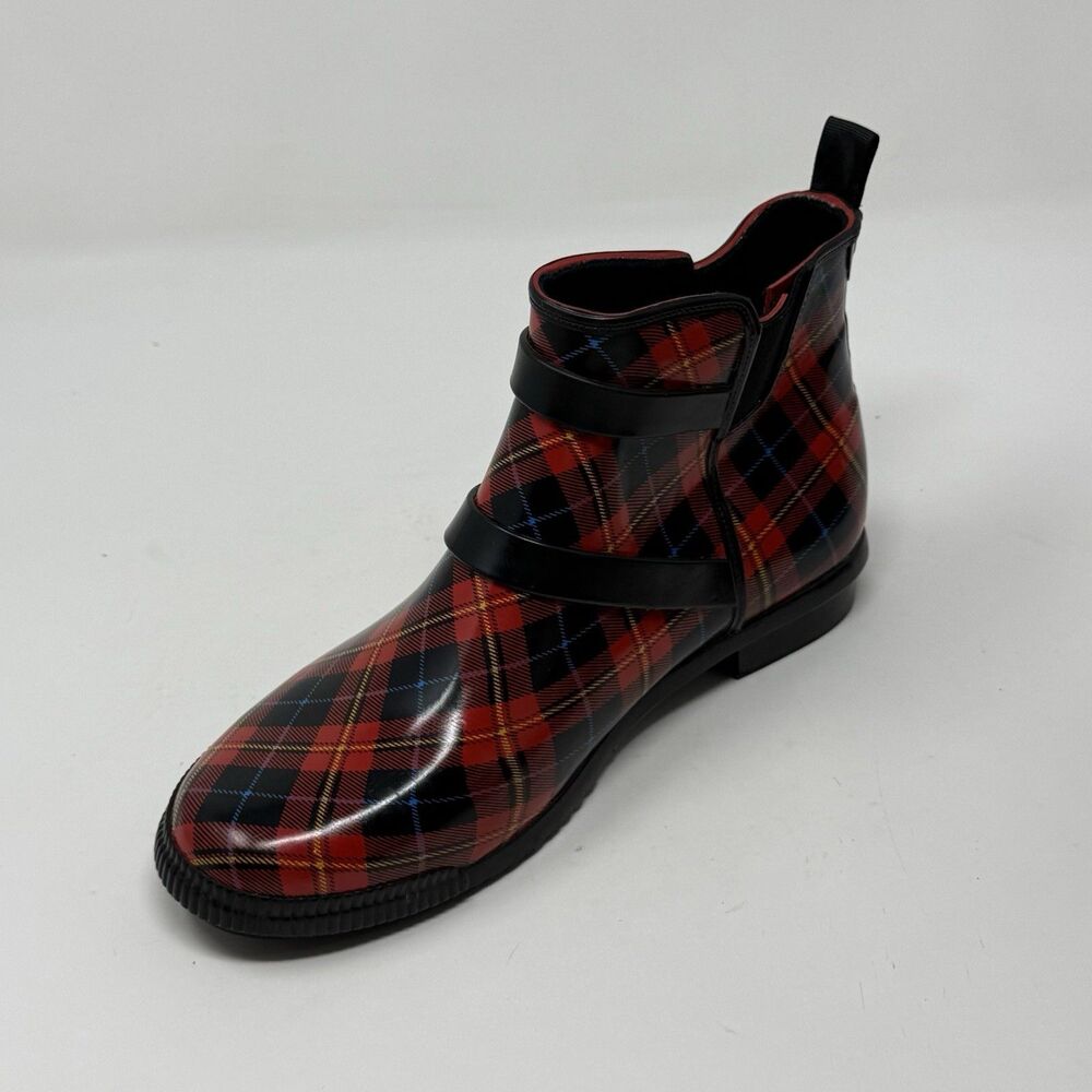 Cougar Royale Rubber Boots Womens 8 Red Black Tartan Plaid Rain Ankle Bootie - Picture 8 of 15